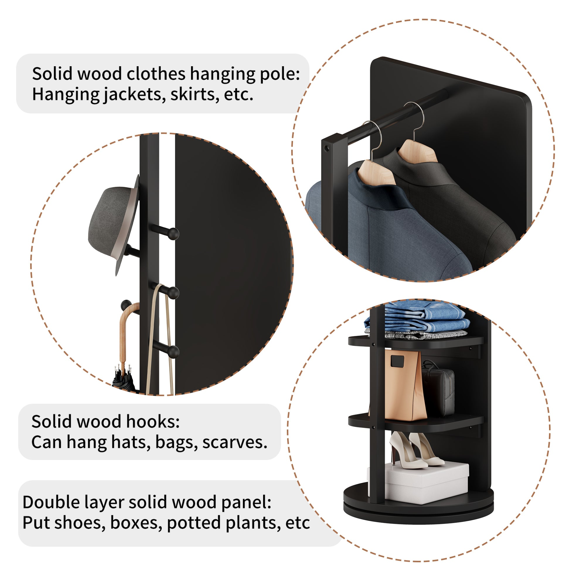 Start2Finish rotating full-length mirror with coat rack, natural rubber wood, 360° rotation, suitable for bedroom, entryway, dressing areas
