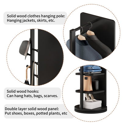 Start2Finish rotating full-length mirror with coat rack, natural rubber wood, 360° rotation, suitable for bedroom, entryway, dressing areas