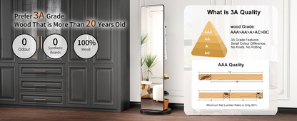 Full-length wooden mirror with coat rack and storage, 360° rotating, ideal for bedroom, entryway, or dressing area.
