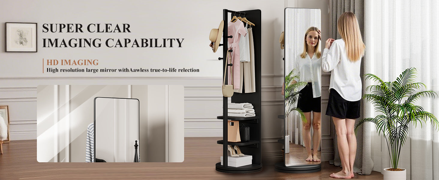 Start2Finish rotating full-length mirror with coat rack, rubber wood frame, and storage, ideal for bedrooms and entryways.