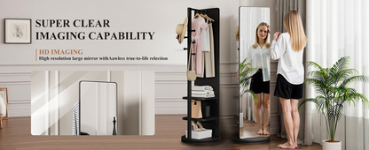 Start2Finish rotating full-length mirror with coat rack, rubber wood frame, and storage, ideal for bedrooms and entryways.