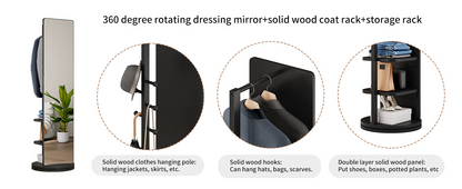 Start2Finish full-length rubber wood mirror with coat rack, 360° rotating, natural wood finish for bedroom, entryway, or dressing area