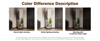 Full-length rubber wood mirror with coat rack, natural wood finish, and 360° rotation for bedroom or entryway storage.