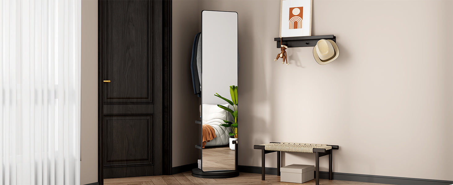 Full-length rubber wood mirror with coat rack, natural wood finish, and 360° rotation for bedroom, entryway, or dressing areas.