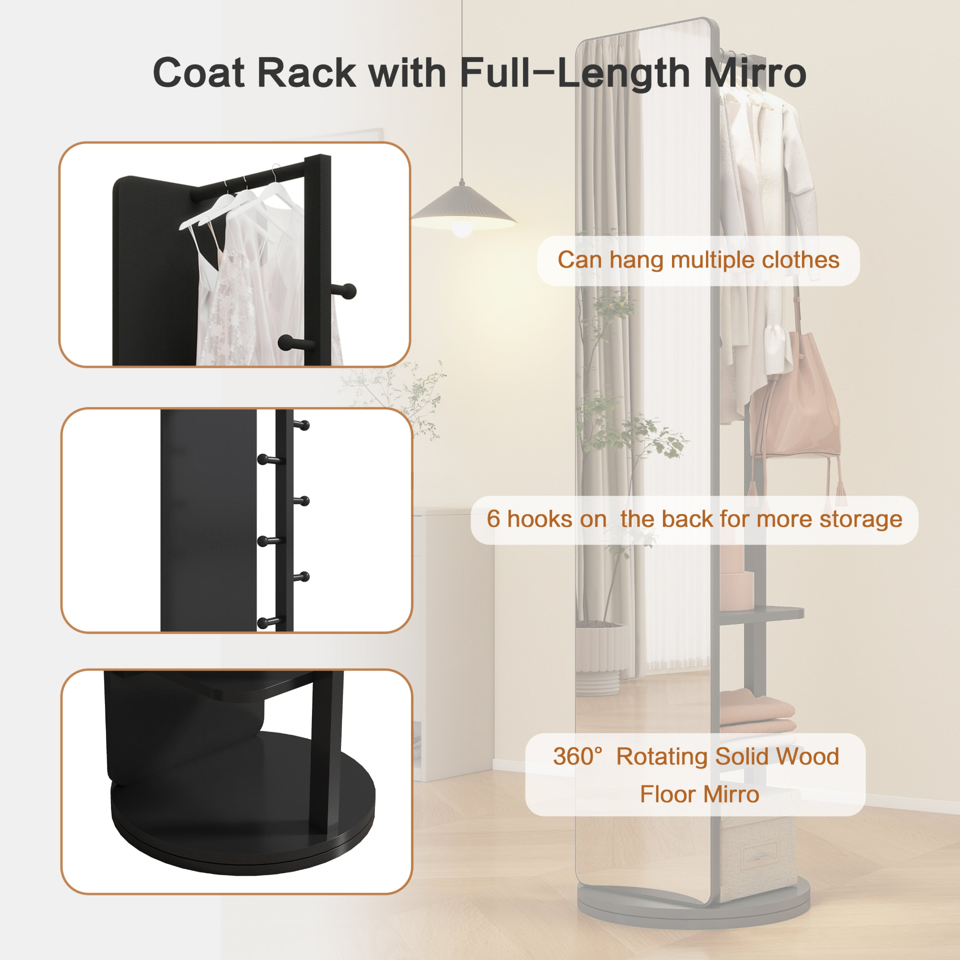 Start2Finish rotating full-length mirror with coat rack, natural rubber wood, 360° rotation for bedroom or entryway storage.