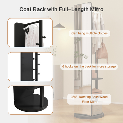 Start2Finish rotating full-length mirror with coat rack, natural rubber wood, 360° rotation for bedroom or entryway storage.