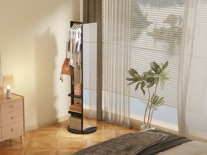 Start2Finish rotating full-length mirror with coat rack, natural rubber wood, 360° rotation, ideal for bedroom or entryway.