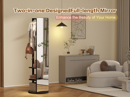 Full-length rotating mirror with coat rack, natural rubber wood, 360° rotation, ideal for bedroom or entryway storage and dressing areas.