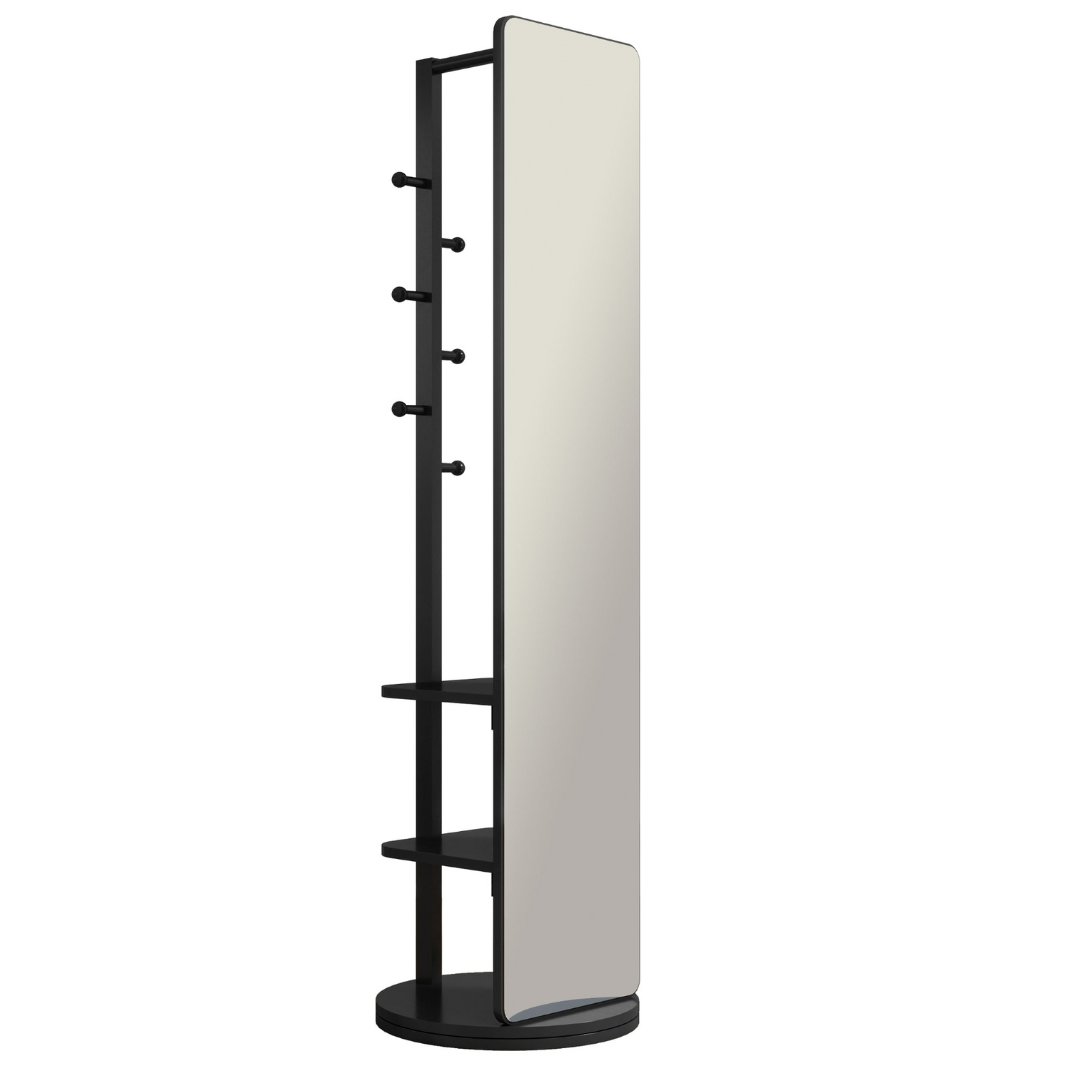 Start2Finish rotating full-length mirror with coat rack, rubber wood frame, natural finish, and 360° swivel for bedroom or entryway.