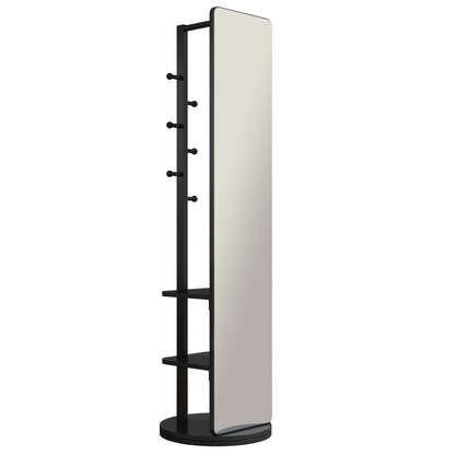 Start2Finish rotating full-length mirror with coat rack, rubber wood frame, natural finish, and 360° swivel for bedroom or entryway.