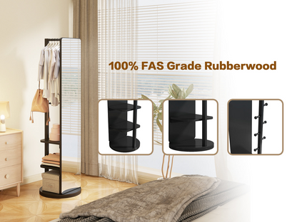 Natural wood full-length mirror with 360° rotation, coat rack, and storage for bedroom or entryway from Start2Finish.