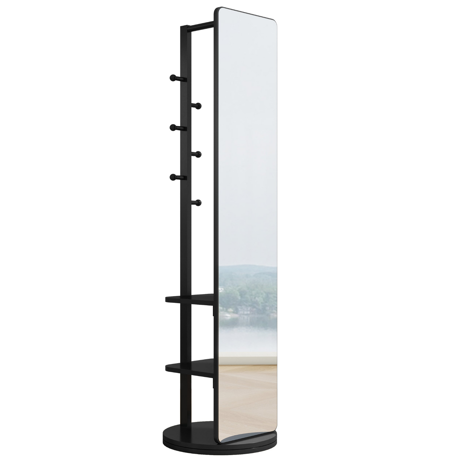 Full-length mirror with coat rack, rubber wood frame, and 360° rotation, designed for bedroom or entryway storage.