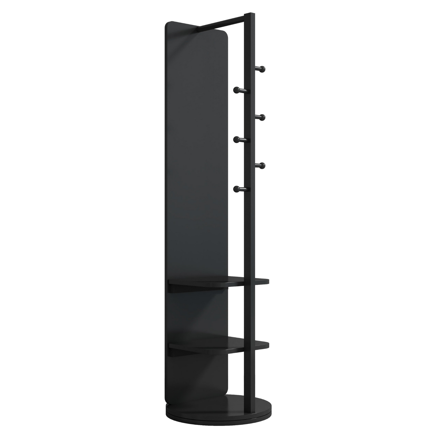 Full-length wooden mirror with coat rack and storage, 360° rotation, ideal for bedroom, entryway, or dressing areas.