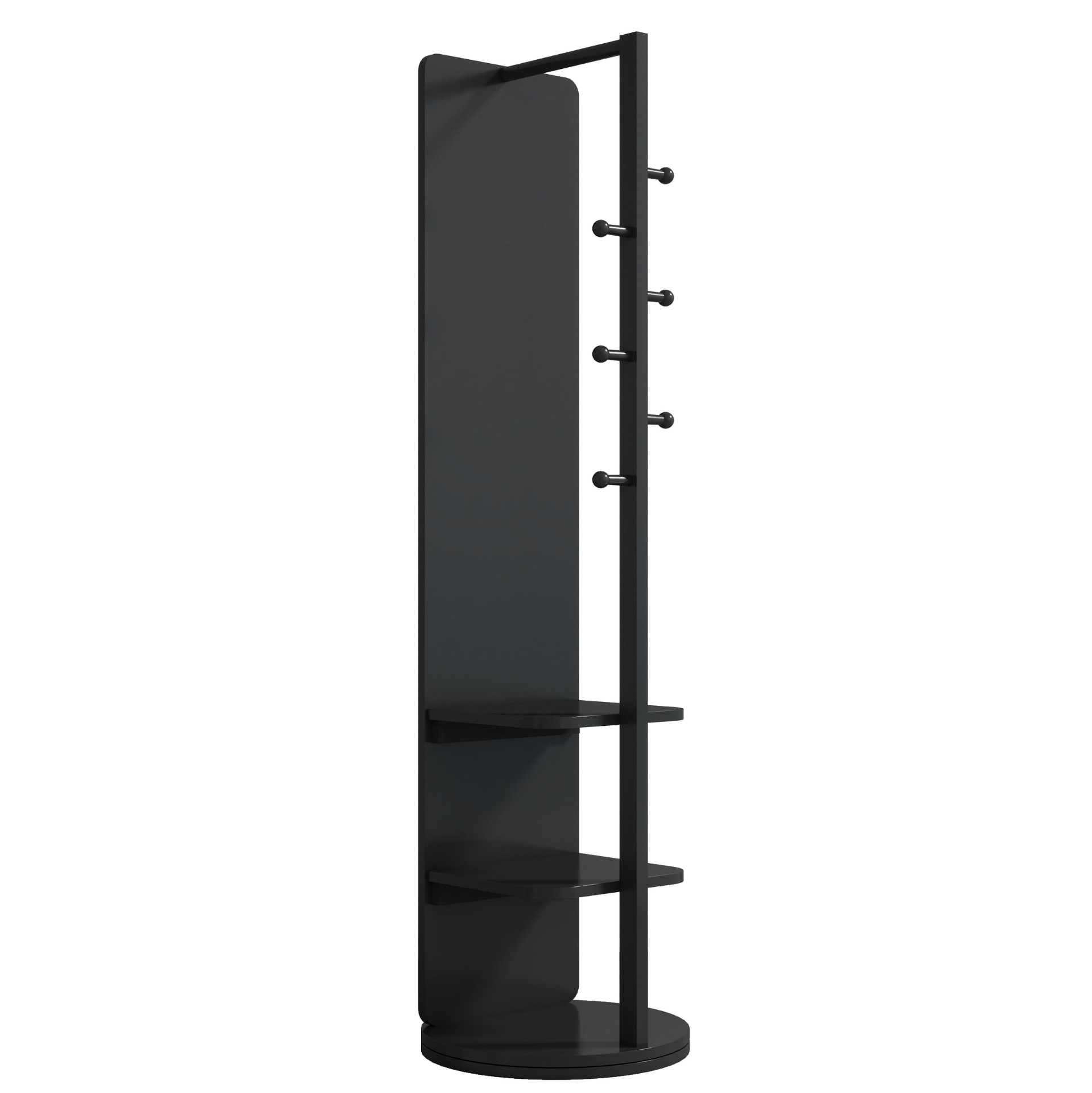 Full-length wooden mirror with coat rack and storage, 360° rotation, ideal for bedroom, entryway, or dressing areas.