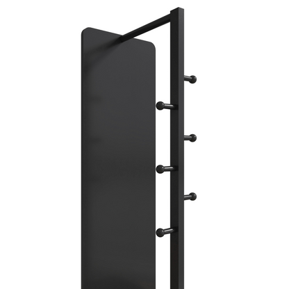Full-length rubber wood mirror with coat rack and storage, 360° rotation, ideal for bedroom, entryway, or dressing area.