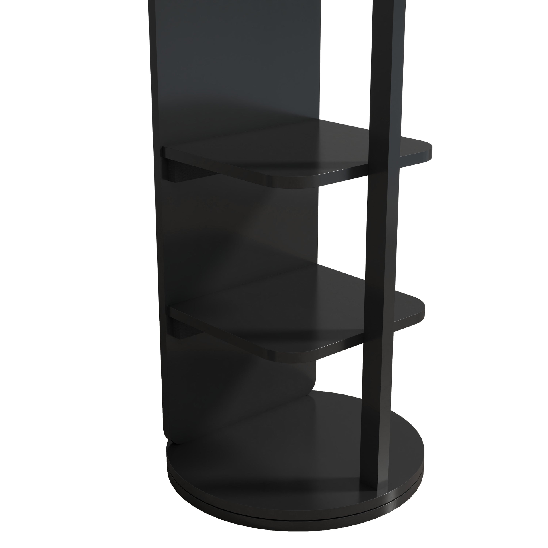Full-length rubber wood mirror with 360° rotation, coat rack, and storage for bedroom or entryway by Start2Finish.