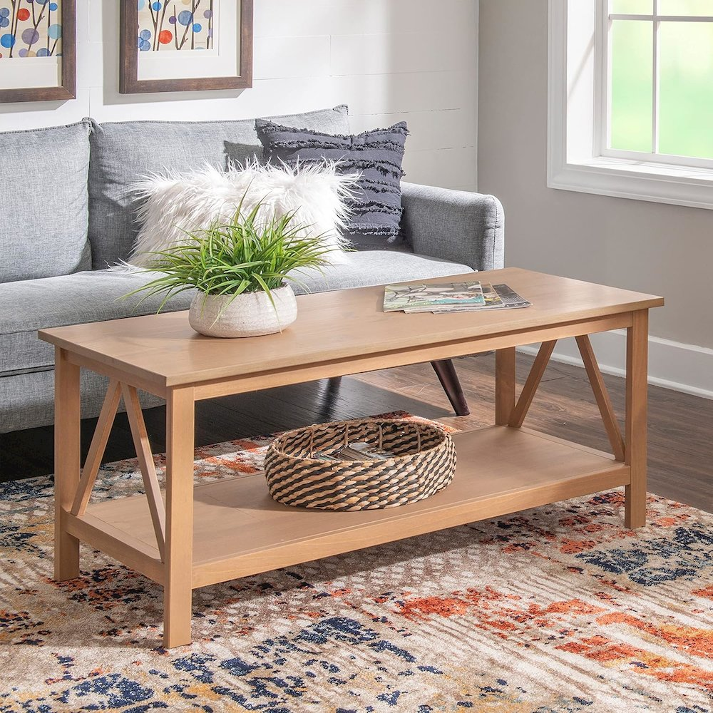 Start2Finish Titian Driftwood coffee table with a rustic wooden surface and sturdy legs, perfect for living room decor.