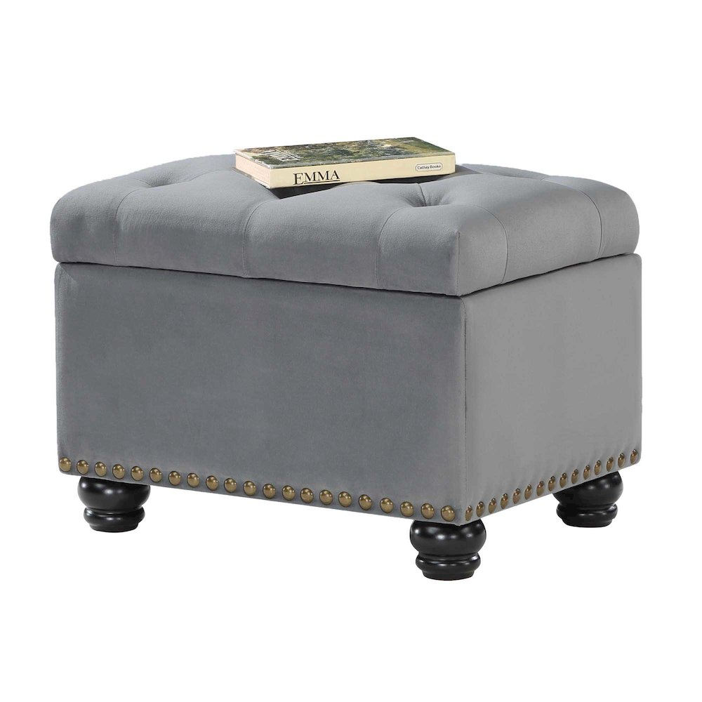 Start2Finish 5th Avenue Storage Ottoman in plush fabric, showing its beige color, cushioned top, and built-in storage space.