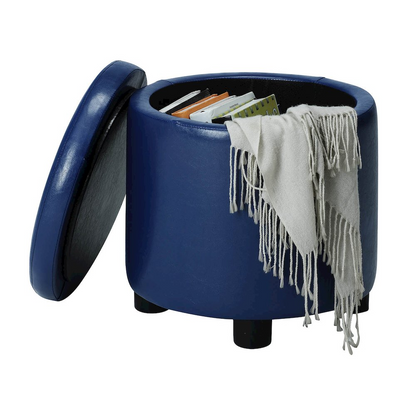 Start2Finish Designs 4 Comfort round accent storage ottoman with reversible tray lid, beige fabric with tufted top and storage space inside.