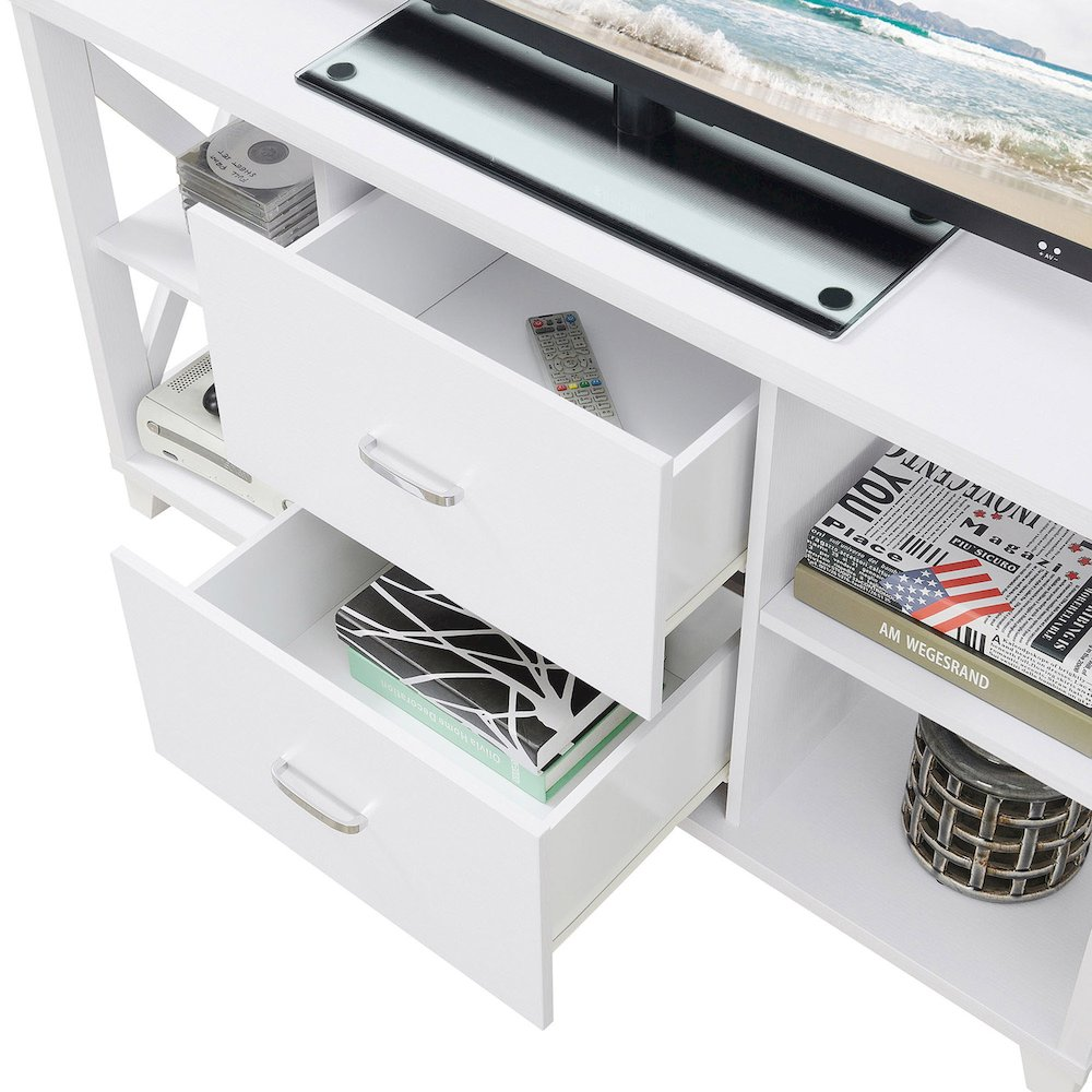 White Oxford Deluxe 2 Drawer TV stand with shelves for up to 55-inch TVs, featuring a modern design and functional storage.