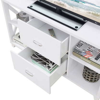 White Oxford Deluxe 2 Drawer TV stand with shelves for up to 55-inch TVs, featuring a modern design and functional storage.