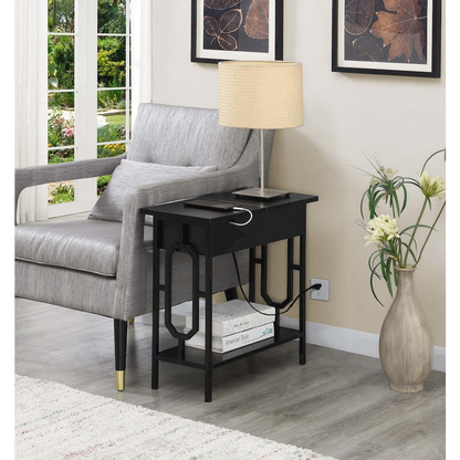 Start2Finish Omega flip top end table with built-in charging station, featuring a sleek wood finish and versatile storage space.