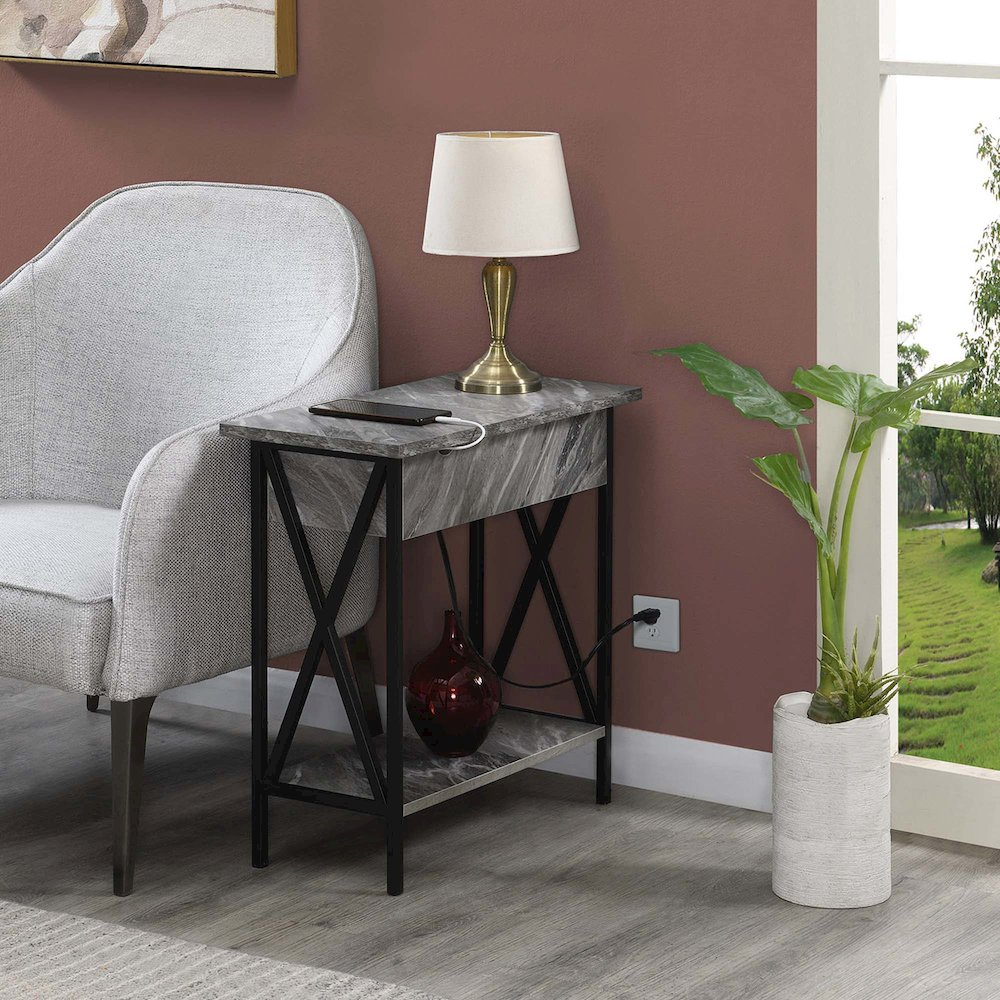 Start2Finish Tucson flip top end table with built-in charging station, featuring a modern wood finish and practical storage.