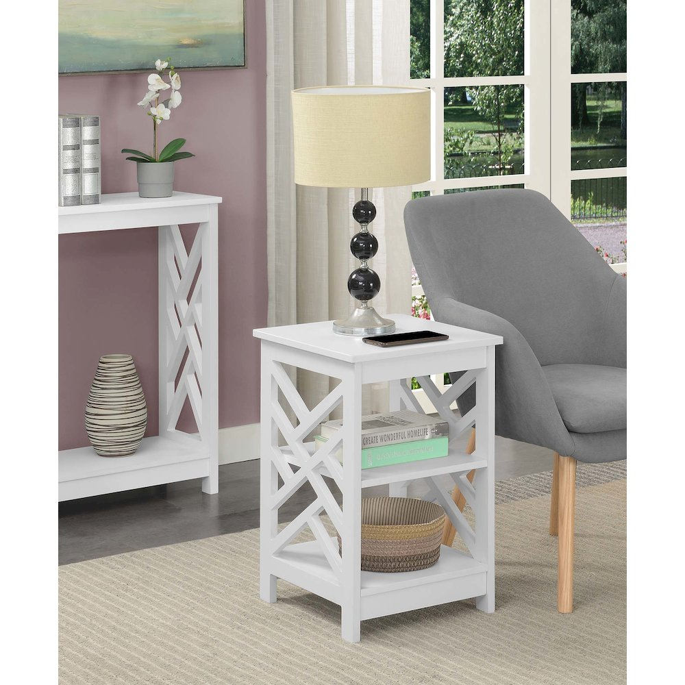White Titan end table with shelves from Start2Finish, showcasing a modern furniture piece with a sleek design and multiple storage levels.