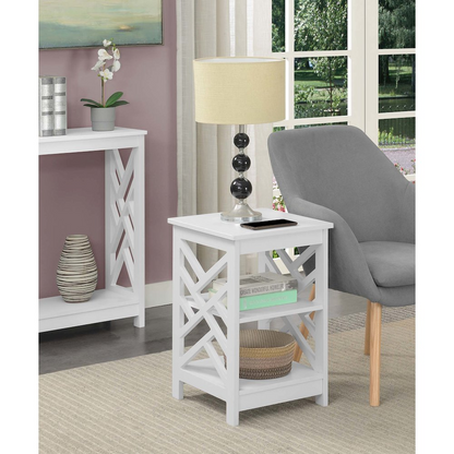 White Titan end table with shelves from Start2Finish, showcasing a modern furniture piece with a sleek design and multiple storage levels.