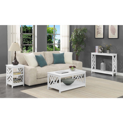 White Titan end table with shelves, modern furniture piece from Start2Finish showing a sleek design and open storage space.