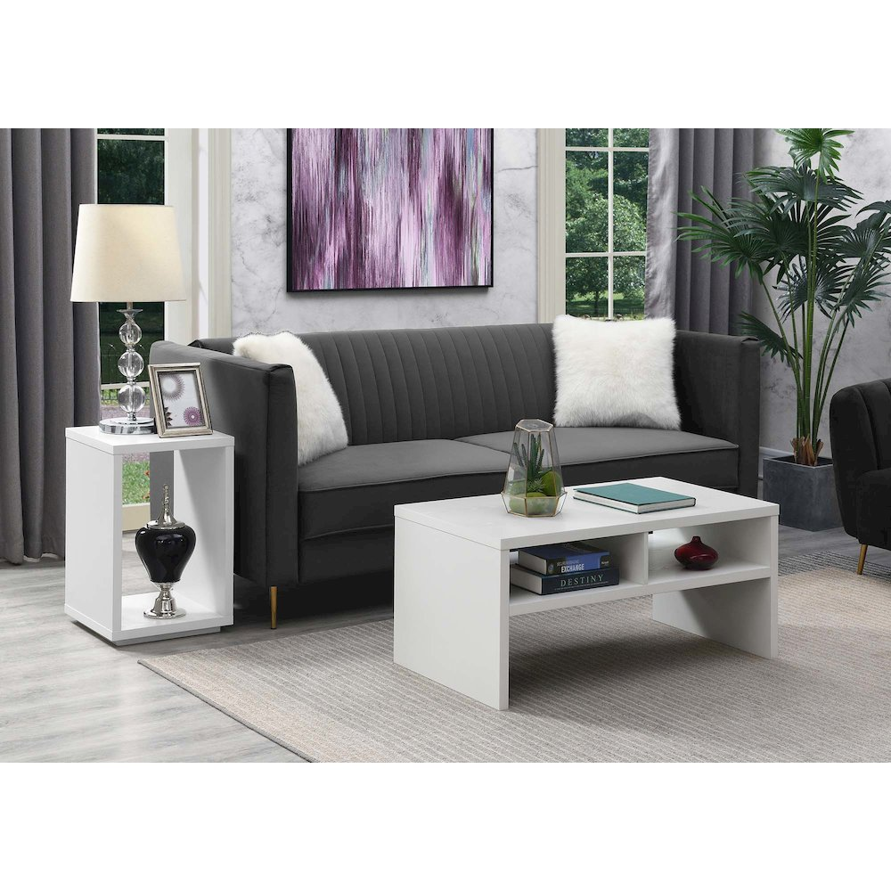 Northfield Admiral white end table with shelf, modern furniture piece featuring a smooth top and open storage shelf.