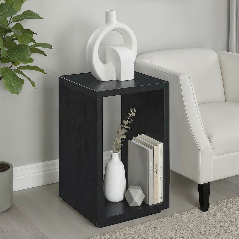 Black Northfield Admiral end table with shelf, modern furniture piece by Start2Finish, shown with a sleek top and open storage shelf.