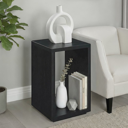 Black Northfield Admiral end table with shelf, modern furniture piece by Start2Finish, shown with a sleek top and open storage shelf.