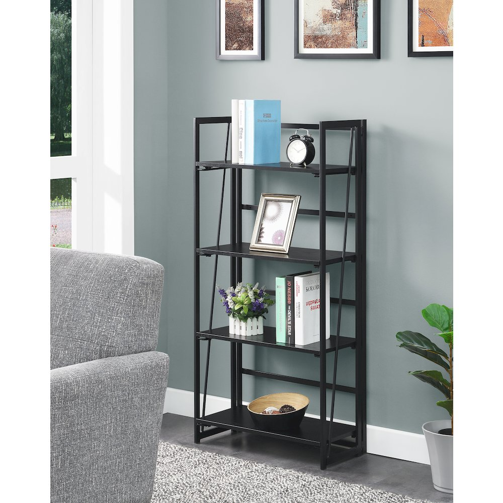 Start2Finish Xtra Folding 4 Tier Bookshelf in black, featuring four spacious shelves for organized storage and versatile furniture use.