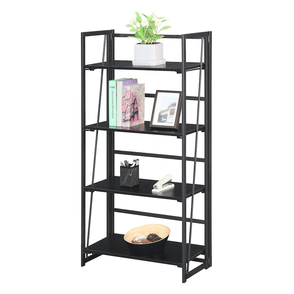 Start2Finish Xtra Folding 4 Tier Bookshelf in black, showing its compact, foldable design with four shelves and sturdy frame.