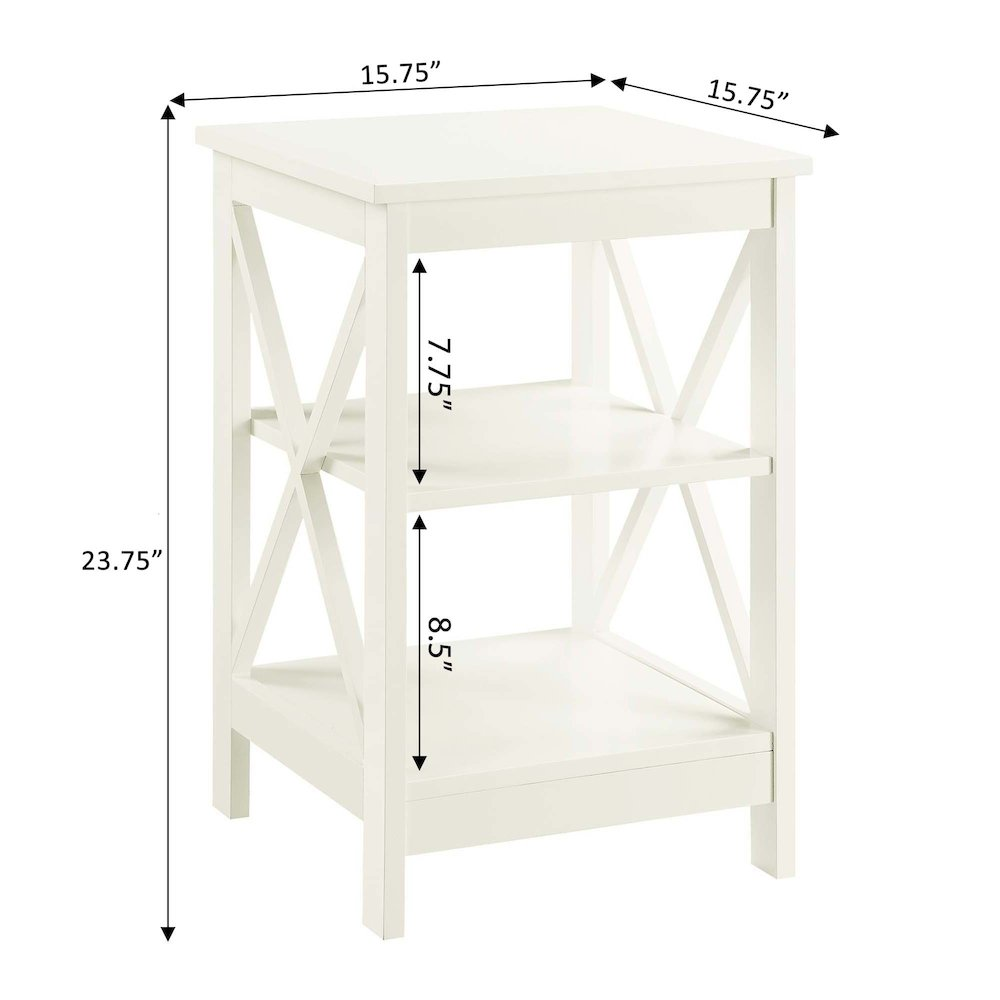 Ivory Oxford end table with shelves from Start2Finish, showcasing a modern furniture piece with a sleek design and storage space.