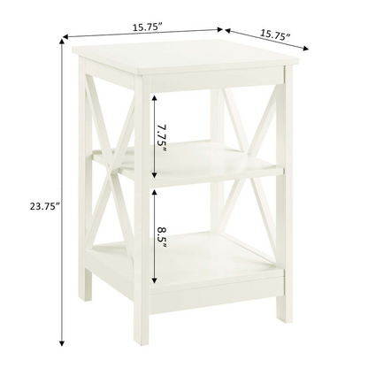 Ivory Oxford end table with shelves from Start2Finish, showcasing a modern furniture piece with a sleek design and storage space.
