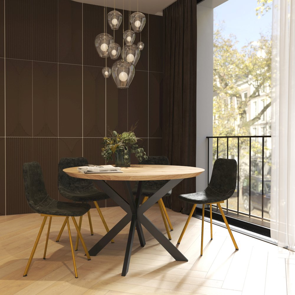 Set of 4 Markley modern leather dining chairs with gold metal legs, featuring sleek design and comfortable seating.