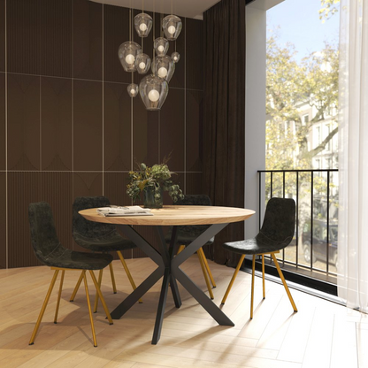 Set of 4 Markley modern leather dining chairs with gold metal legs, featuring sleek design and comfortable seating.