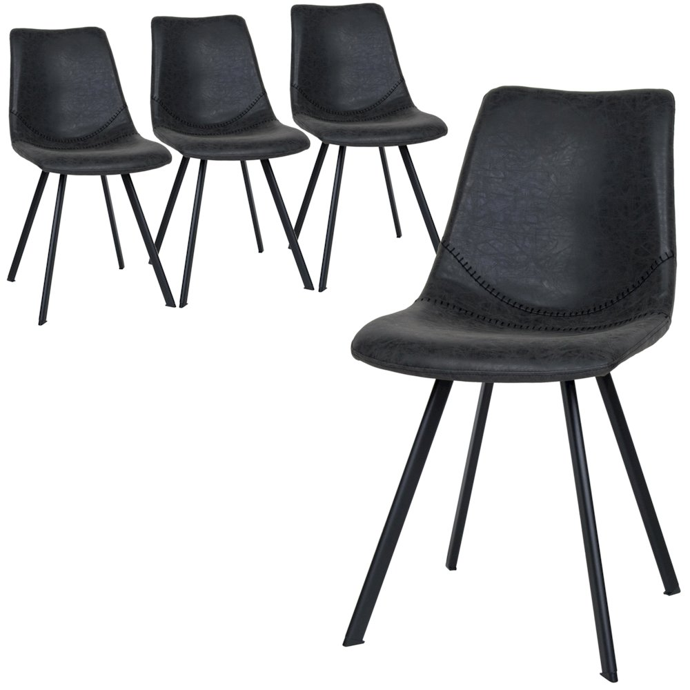Set of four Markley modern leather dining chairs with metal legs, featuring sleek design and contemporary furniture style.