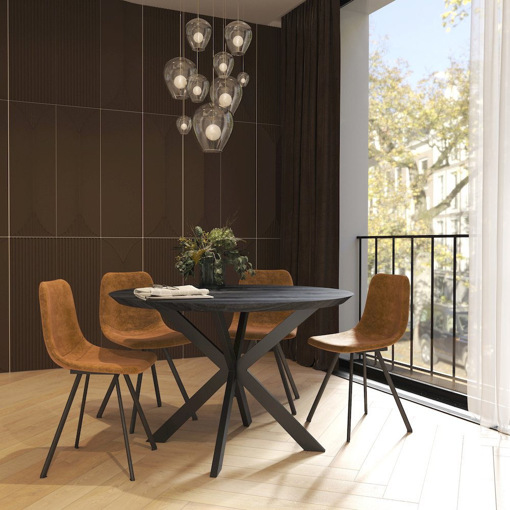 Set of two Markley modern leather dining chairs with metal legs, featuring sleek design and comfortable seating from Start2Finish.
