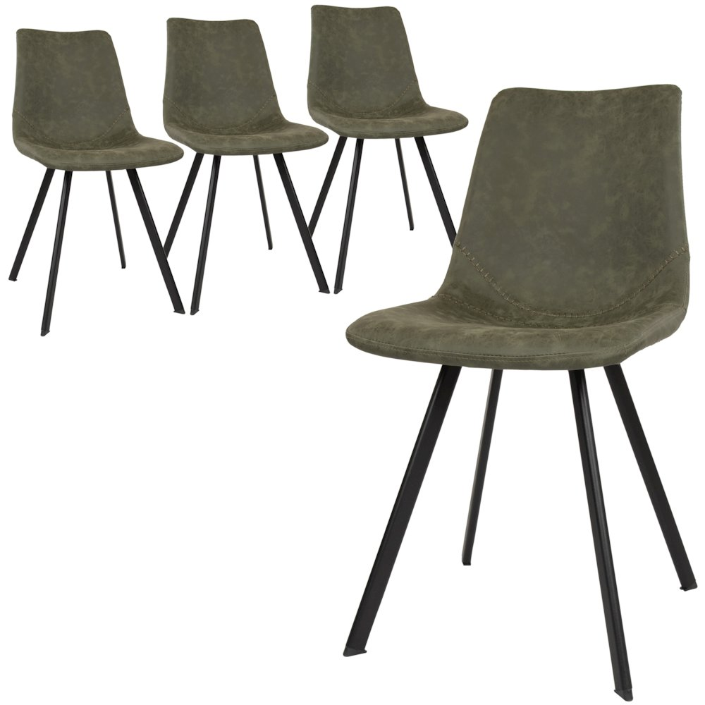 Set of four Markley Modern leather dining chairs with metal legs, featuring sleek design and cushioned seats for stylish comfort.