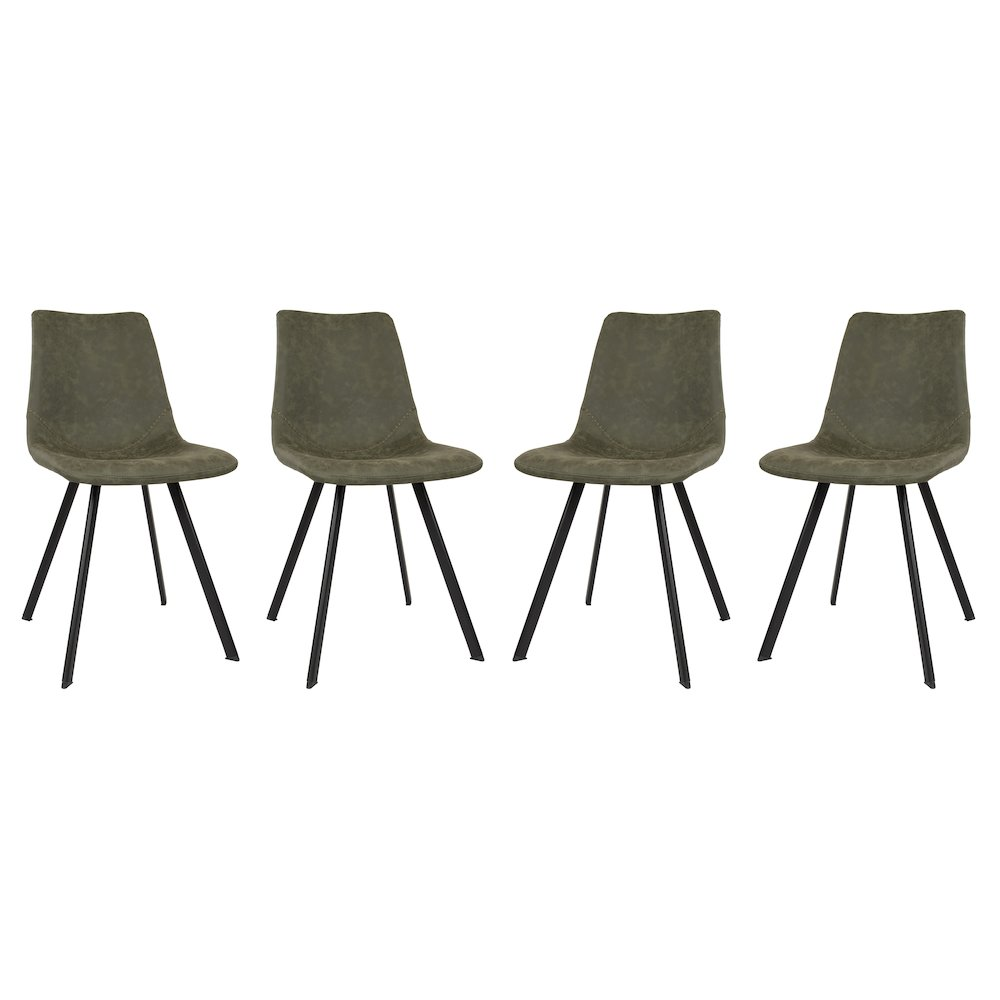 Set of four Markley modern leather dining chairs with metal legs, featuring sleek design and comfortable seats.