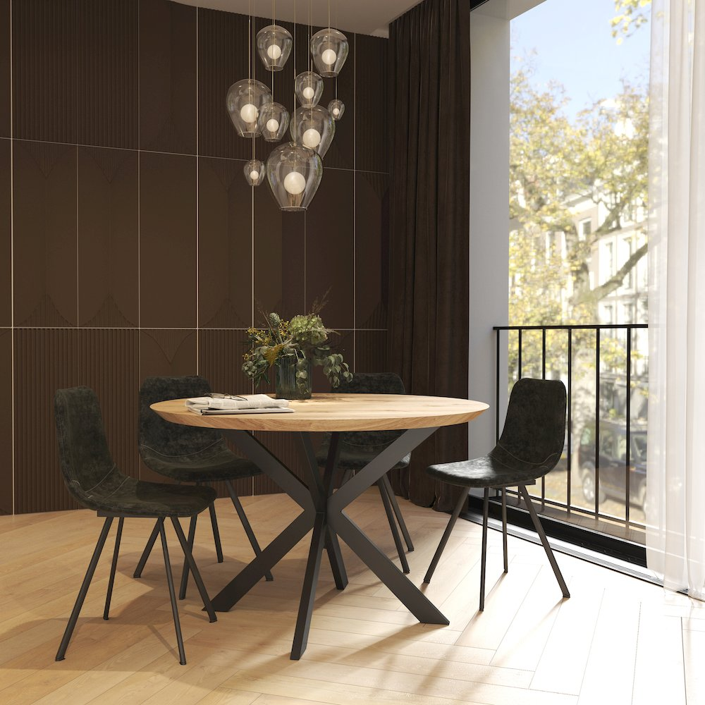 Set of four Markley modern leather dining chairs with metal legs, featuring sleek design and comfortable seating.