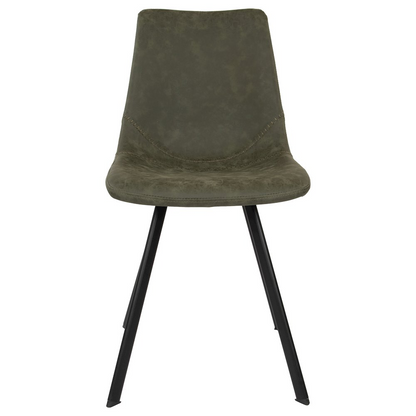 Set of four Markley modern leather dining chairs with metal legs, featuring sleek design and cushioned seats for dining room.