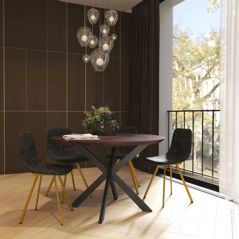 Set of 2 Markley modern leather dining chairs with gold metal legs, featuring cushioned seats and stylish contemporary design.