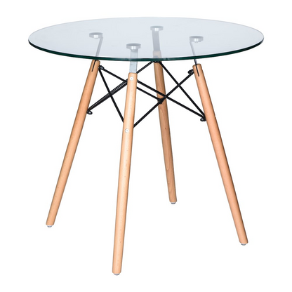 Round bistro glass dining table with natural wood Eiffel base and metal frame by Start2Finish furniture.
