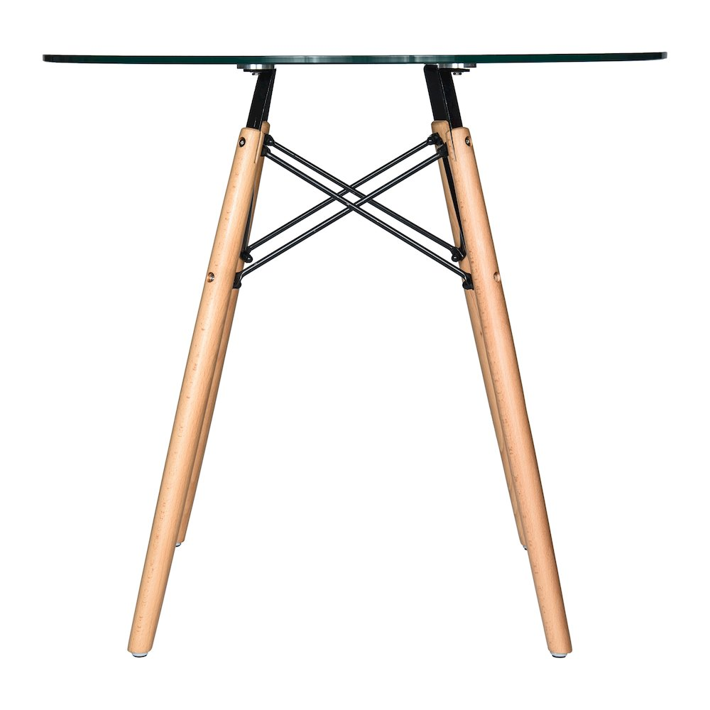 Dover round bistro glass top dining table with natural wood Eiffel base by Start2Finish, showcasing a modern furniture design.
