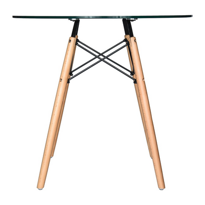 Dover round bistro glass top dining table with natural wood Eiffel base by Start2Finish, showcasing a modern furniture design.
