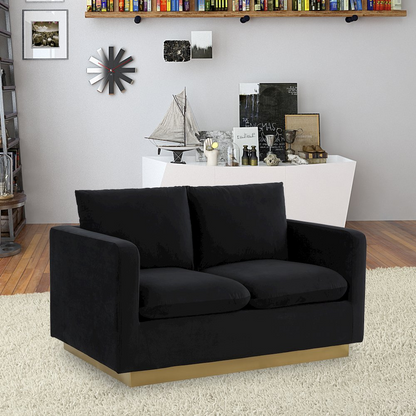 Nervo modern mid-century velvet loveseat with gold frame, upholstered seating and sleek stylish design in a contemporary living room setting